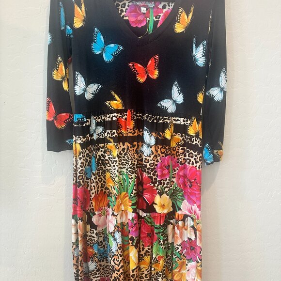 Johnny Was Sandra Multicolor Butterflies Floral Tiered V-Neck Dress 3/4 Sleeve - Picture 4 of 9